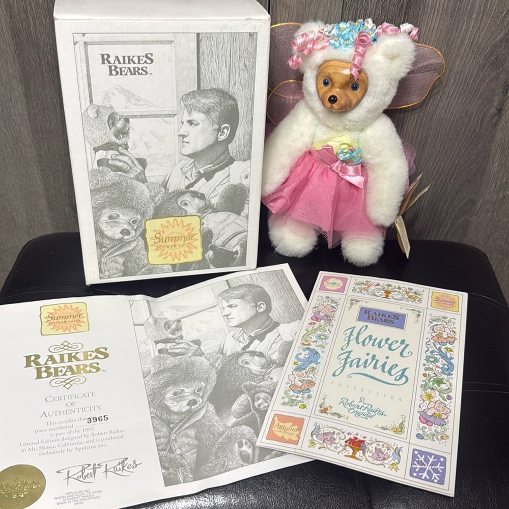 Robert Raikes Flower Fairy Bear Collection Summer Plush Stuffed & Carved Wood